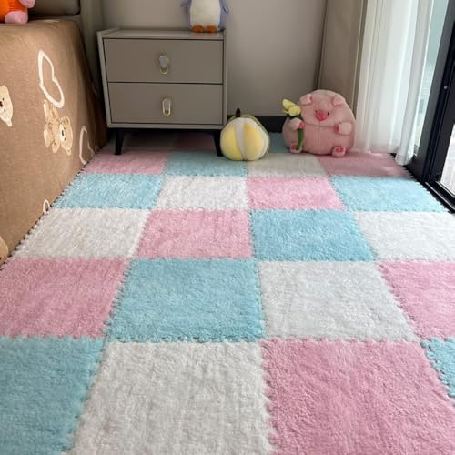 Hiseng 12 Stück Ineinandergreifende Teppichfliesen, Teppichfliesen Selbstliegend Puzzle Plüisch 30x30CM Bodenfliesen Ohne Kleben Puzzlematten für Schlafzimmer (Weiß rosa hellblau,30 * 30 * 1CM)