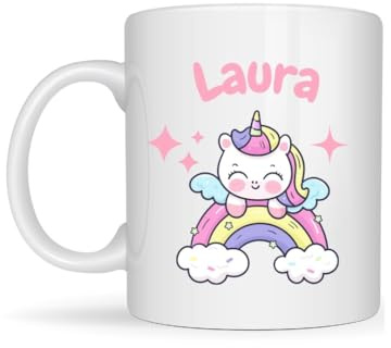 Genérico Taza personalizada infantil con nombre. Regalos niños personalizados. Tazas personalizadas de cerámica infantiles divertidas. Unicornio arcoiris infantil.