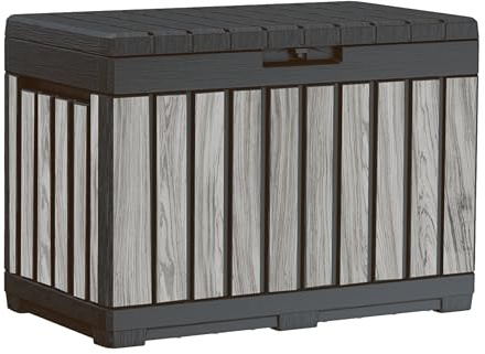 Keter Gartenbox Kentwood 190 Liter in Holzoptik Stormgrey aus Kunststoff, witterungsbeständig, UV-resistent mit Sitzfunktion