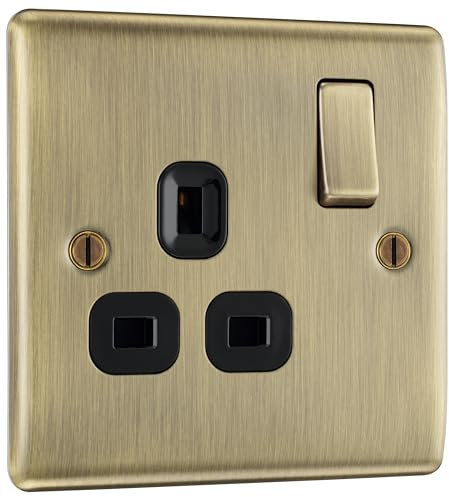 BG Electrical Single Switched Power Plug Wall Socket, Raised and Slim Profile, Round Edges, Nexus Metal, Antique Brass, Black Inserts, 13A, NAB21B