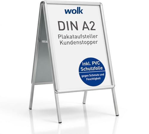 wolk Kundenstopper A2 Outdoor - Wetterfester Werbeaufsteller Aluminium | Plakatständer A2 für außen mit UV-Schutzfolie, beidseitiger Werbung Ständer & Plakataufsteller in Silber