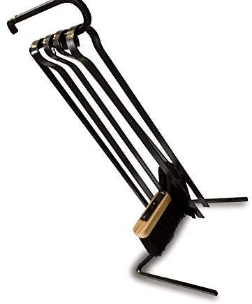 Serviteur cheminée acier moderne | 4 accessoires | Socle + pelle + balayette + tisonnier + pince | Kibros 4SC0070