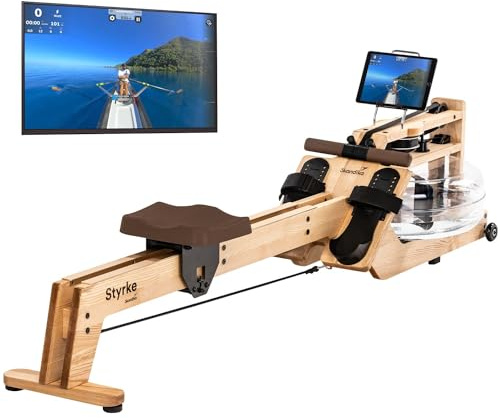 Skandika Wasserrudergerät Styrke | Designed and Made in Germany, Rudergerät Wasser aus Holz, Kinomap App-Funktion, Wasserrudergerät für Zuhause, Massive Esche, naturnahes Rudern (Styrke II)