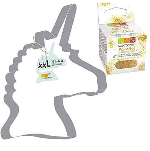 Cortador de galletas de acero inoxidable XXL Unicornio + Brillo dorado comestible