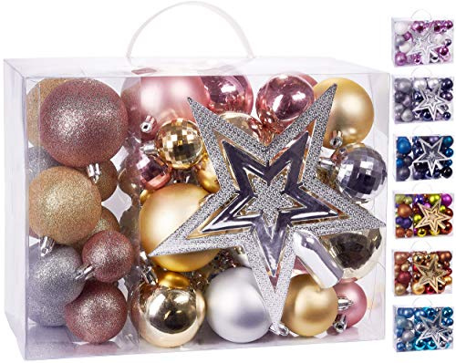 BRUBAKER 50-teiliges Set Weihnachtskugeln mit Baumspitze | Christbaumschmuck aus Kunststoff in Rosa, Champagner und Silber