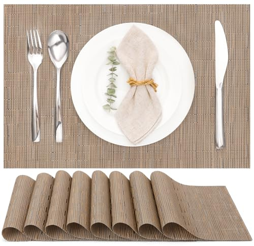 Myir JUN Tischsets abwaschbar Tischsets Platzsets abwaschbar Platzdeckchen | Gewebte Platzset 8er Set rutschfest hitzebeständig Vinyl für Küche Speisetisch Hotel Platz-Matten 30x43.5cm (Braun)