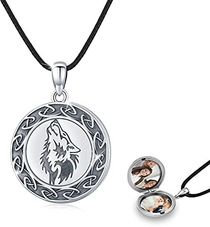 CUOKA MIRACLE Wolf Medaillon Kette Silber 925 Oxidiert Wolf Foto Medaillon Kette Amulett zum öffnen für Bilder Wolf Anhänger Kette Wolf Schmuck for Herren Männer Vatertagsgeschenke für Papa
