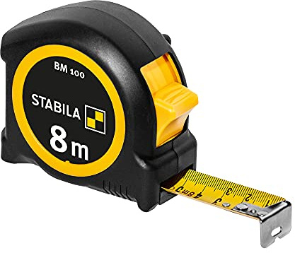 Stabila fickbandsmått BM 100, 8 m, måttband med metrisk skala, okrossbart ABS-hölje, rörlig initial krok, bältesklämma, MID-noggrannhet, silver