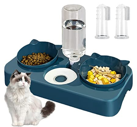 3-in-1 Katzen Napf Set mit Automatischem Wasserspender, Doppelte Futter- und Wasserschalen für Katzen, Kätzchen und Kleine Hunde (Blau)