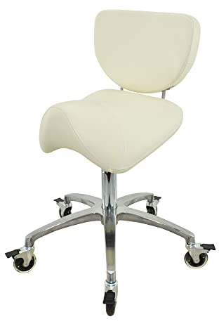 VAKON SALON - Premium Sattelhocker weiß mit Bremse und Lehne, Sattelstuhl für Rückenentlastung, Rollhocker höhenverstellbar von 50-65 cm, Praxishocker, Bürohocker