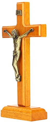 FOTABPYTI Katholisches Kruzifix, Stehendes Holz Kreuz mit Sockel für Zuhause, Büro, Kirche