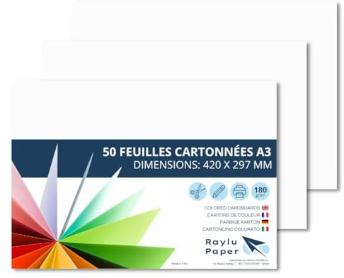 Raylu Paper – Papier Cartonné A3 Coloré, 50 Feuilles Cartonnées, Papier Epais de Couleur, pour l’Ecole, le Bureau, le Scrapbooking, les Activités Manuelles, 297 x 420 mm 180g/m² (Blanc)