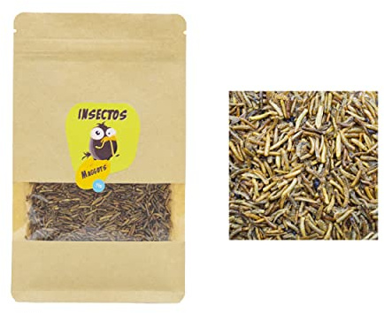 Larvas de Gusanos o Maggots deshidratados para Reptiles, Tortugas, Peces de Estanque y Aves – 75g – Snack de Proteínas para Mascotas