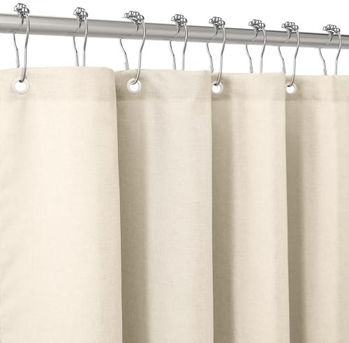 VANZAVANZU Duschvorhang Schmaler Leinen 92 x 182 cm mit Metall Duschvorhangringe Schwerer Stoff Textil Badewannenvorhang Anti Schimmel Bad Vorhang Wasserdicht Badezimmer Vorhang - Beige
