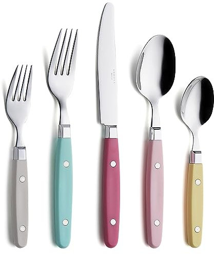 Annova, set di posate in acciaio inox con manico colorato con rivetto/posate stile retrò (Pastel Mix, 20 Pieces)