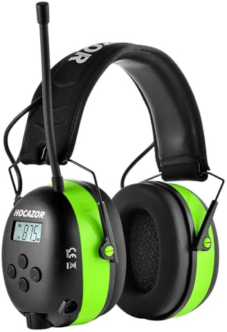 Hocazor HP10 FM AM Radio Headphones with LCD Display, 30dB SNR Hearing Protection Safety Earmuffs for Mowing Work Shops, Green