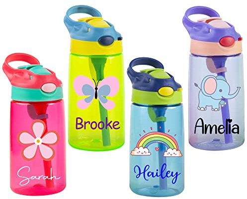 Mostop Personalisierte Wasserflaschen, Sport-Trinkflasche mit Strohhalm, 473 ml, für Schule, Reisen, Camping