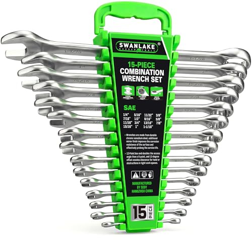 SWANLAKE GARDEN TOOLS Juego de llaves SAE de 15 piezas, mixto, prémium, muesca en V, SAE de 1/4 a 1 pulgadas, par máximo, 12 puntos, acero al cromo vanadio, con estante de almacenamiento