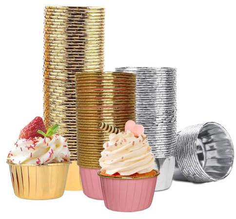 VIVIIHOO 150 stycken muffinsformar papper – vattentätt, oljebeständigt och non-stick belagt! Cupcake-formar av aluminiumfolie i guld, silver och rosa. Perfekt för minimuffins pappersformar!
