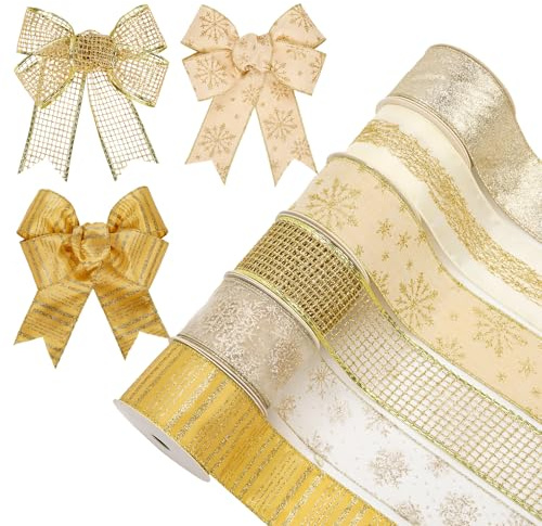 6 Rollen 30 Yard Weihnachten Band Dekorationen Weihnachtsbaumband Geschenkbox Verpackungsband Glitzer Weihnachtsbänder Schleifenband für Geschenk Weihnachtsbaum Dekoration, Sekt