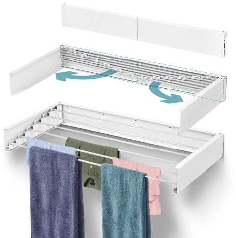 Taylor & Brown 100cm Wall Mounted Laundry Drying Rack Retractable Foldaway Clothes Drying Airer Collapsible Folding Indoor or Outdoor – Space Saver Compact Sleek Design (White)