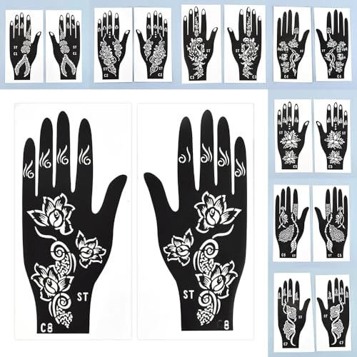 BAMTTOO 16 Blätter Temporäre Henna Tattoo Kit Wiederverwendbare Tattoo Schablonen Sets Indische arabische temporäre Tattoo Vorlagen Kits für Körper Hand Kunst für Frauen Mädchen und Kinder