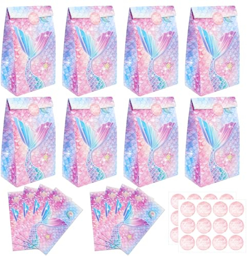 PHOGARY Meerjungfrau Geschenktütchen Mitgebsel Tüten Geschenktüten Kindergeburtstag Geburtstag Party - 24 Mermaid Partytüten + 24 Sticker Papiertüten Geburtstagstüten Kinder (Meerjungfrauenschwanz)
