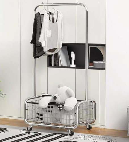 Kleiderständer Auf Rollen Metallisch, Schwerlast Kleiderstange Kleiderständer Mit Unterem Aufbewahrungskorb, für Schlafzimmer, Wohnzimmer, Flur, Balkon(Weiß,Silber,Gold) ﻿