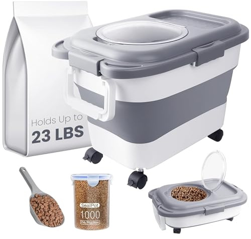 HOYTAMDAR 20-23LBS Collapsible Dog Food Storage Container, Pet Dog Pantry Large Containers Bin with Wheels,Scoop and 1pcs Food Storage Containers, Kitchen Cereal Flour Rice Leakproof Dry Holder