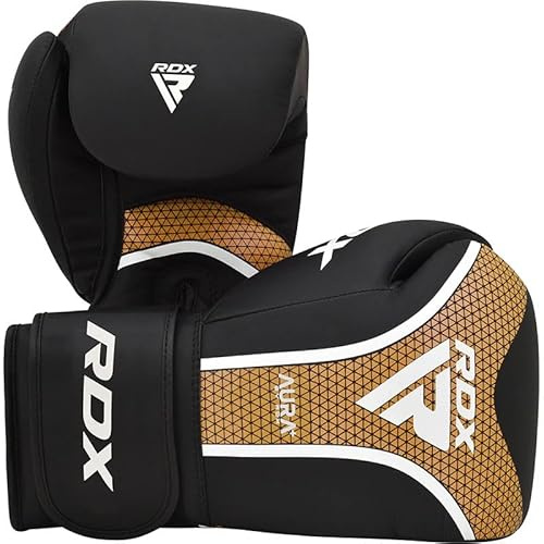 RDX Aura Plus T-17 Boxing Gloves – Maya Hide Leather, MG-3 Padding, Max-Shock Foam – for Training, Sparring, Kickboxing, Muay Thai – Quick-EZ Strap (Gold, 14 Oz)
