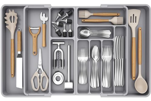 Lifewit Große Besteckkasten für Schubladen, Einstellbar Breite 54,1-91,4 cm, Tiefe 43 cm, 9-11 Fächern, Abnehmbarer Kunststoff Schubladen Organizer Küchen für Messer Gabel Löffel, Grau