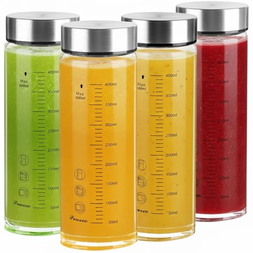 poweco Glasflasche 500ml mit Deckel - 4er Pack, Trinkflasche Glas & Saftflasche aus Borosilikatglas - Smoothie & Shaker Becher - Zum Befüllen - BPA-Frei
