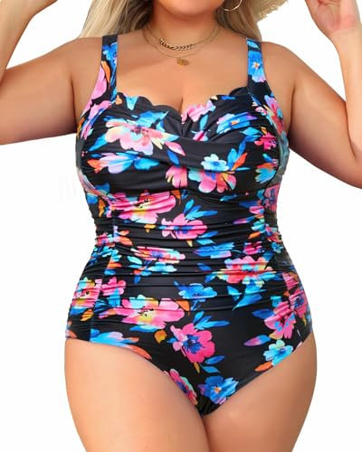Aqua Eve Einteiliger Damen-Badeanzug, Übergröße, Bauchkontrolle, volle Abdeckung, Schwarzes, buntes Blumenmuster, 18 Plus
