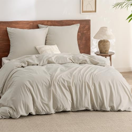 BEDSURE Bettwäsche 200x200 Baumwolle 3teilig - Bettwäsche-Sets Beige Bettbezug mit 2 Kissenbezüge 80x80 cm, Ähnliche Textur wie Washed Leinen, Oeko-TEX Bedding Set mit Reißverschluss
