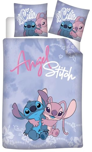 Stitch und Angel Bettwäsche 140x200 + Kissenbezug 65x65 Baumwoll-Misch | Wendebettwäsche Einzelbett | Baumwoll-Mischgewebe schnelltrocknend | Disney Lilo & Stitch | Jugendliche | Maschinenwaschbar