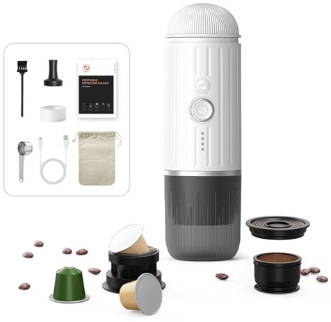 JOPWUE Portable Coffee Machine,17 Bar Self-Heating Electric Espresso Maker, 12V, USB-C Charging, Compatible with NS Capsules and Ground Coffee for Camping Travel Home (White)