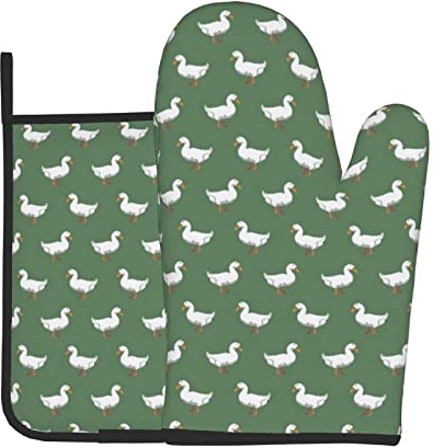 Pekingente, weiße Ente, domestizierte Ente, Bauernhofvogel, Nutztiere, grüne Küchenofenhandschuhe und Grillhandschuhe, Topflappen, Ofenhandschuhe und Topflappen mit Kochhandschuhen zum Backen, Grillen