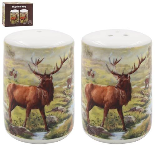The Leonardo Collection Macneil Studios Salz- und Pfefferstreuer-Set aus Porzellan mit Hirsch-Illustration, rustikales Wildtier-Design, eleganter Bauernhaus-Stil, Küchengeschirr
