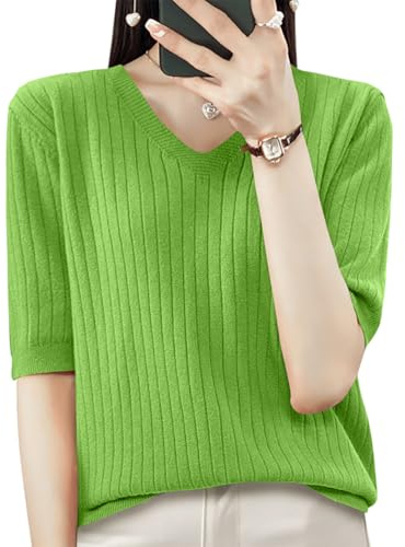 shownicer Pull Manches Courtes Femme Col V Tricoté Hauts Pullover Chandail Léger Décontracté Couleur Unie Sweater Élégantes Printemps Été Tops A Vert Clair M