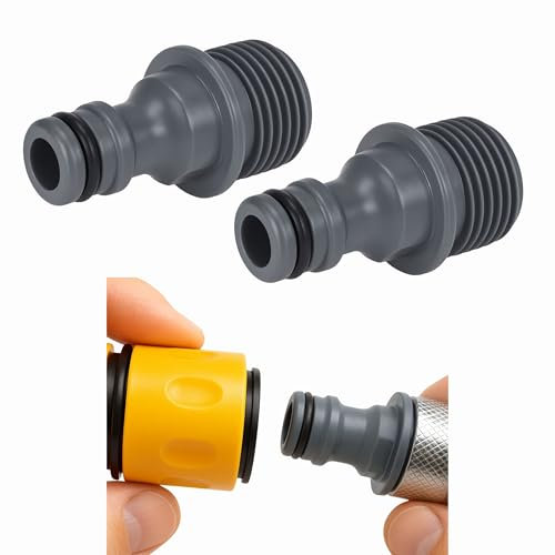 Sintrix Fab Paquete de 2 conectores macho BSP de 1/2 pulgada – Adaptadores rápidos de manguera de jardín compatibles con accesorios Gardena, se adapta a mangueras de 1/2, 5/8 y 1 pulgada para riego de