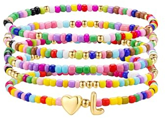 TINGN 5 Stück Bunte Perlen Armband Damen Mädchen Handgefertigt Perlen Armband mit Buchstaben Boho Herz Armbänder Stapelbare Armbänder Set Personalisierte Geschenke für Frauen Teenager Mädchen Schmuck