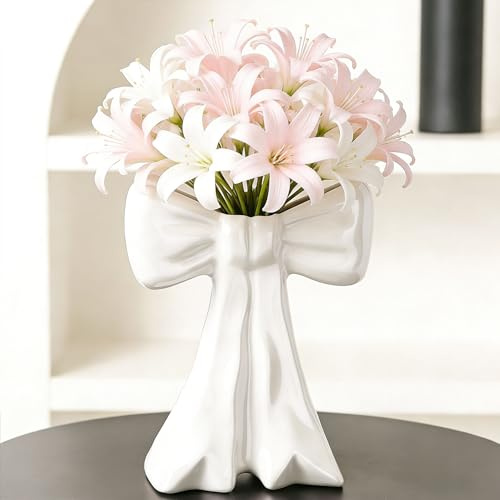 Disoza Vases Blancs irisés avec nœud Décoration de Table Céramique Vase Moderne Vase Vintage pour Herbe de la Pampa Fleurs séchées Vase à Fleurs Vases pour Mariage Vase à Tulipes en Porcelaine