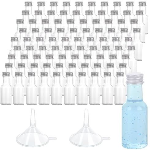 LOLYSIC 100Pcs 25ml Mini Plastic Bottles with Lids, Miniature Alcohol Bottles with Silver Screw Caps & Funnels, Empty Mini Liquor Bottle Reusable Spirit Shot Bottle for Wedding Party Favors