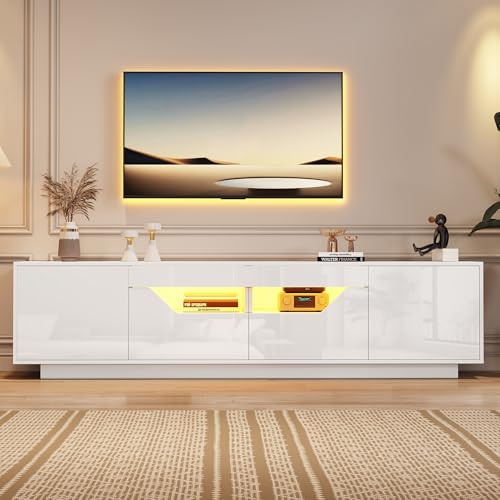 FAYICIC Armario bajo de 180 x 40 x 45 cm, con 2 cajones y 2 armarios, armario de TV brillante con luces LED, tablero de TV, adecuado para televisores de 75 pulgadas, color blanco