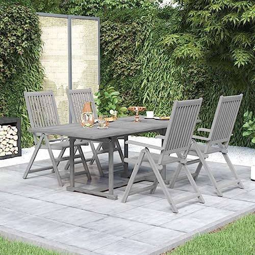 Qnhdfrt Garten Essgruppe Grau 5 teilig Massivholz Akazie Ausziehtisch mit 4 Klappstühlen Outdoor Sitzgruppe für Terrasse Balkon und Garten
