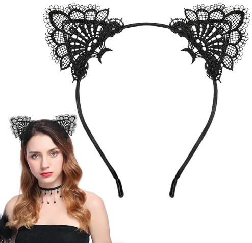 Katzenohren Haarreif Erwachsene,Schwarz Spitze Kopfschmuck,Katzen Ohren Haarreifen,Katzenkostüm Damen Zubehör,Haarreif Fasching, Katzen Kostüm Accessoires,für Halloween Karneval Fasching Cosplay Party