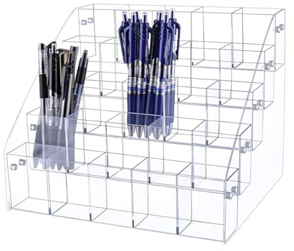 AHANDMAKER Stifthalter Aus Transparentem Acryl Vertikaler Schreibtisch Organizer Mit 5 Ebene Und 25 Fächern Zur Aufbewahrung von Schreibwaren Make Up Pinseln Und Stiften Für Das Home Büro