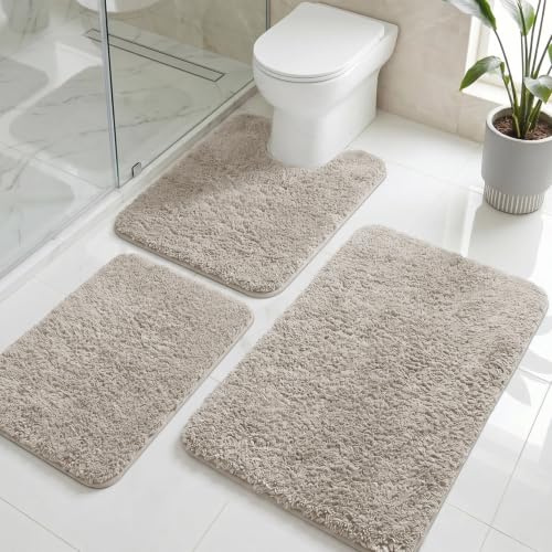 LUSCHEER Bathroom Mat Sets 3 Piece, Microfibre Shaggy Bath Rug Camel