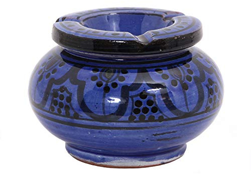Marokkanischer Keramik Aschenbecher Blau mit Deckel Ø 12cm Windaschenbecher handbemalt & handgetöpfert Kunsthandwerk aus Marrakesch KE5003