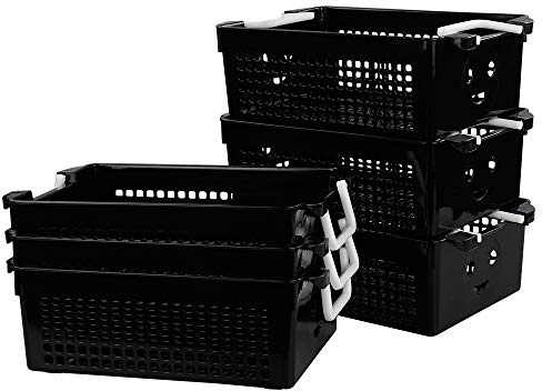 Cadineer 6-Pack Plastic Baskets with Handles, Stackable Basket for Storage, Black